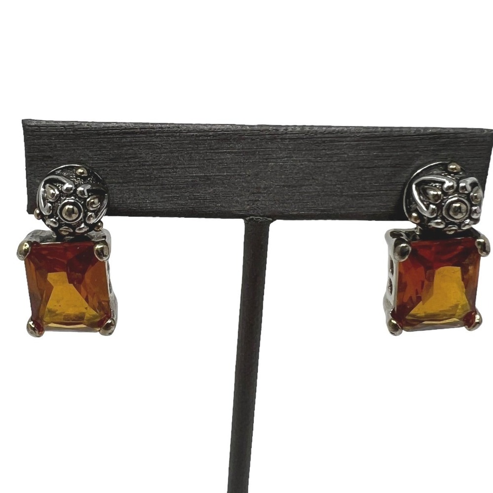 MX Pierced Earrings Silver Tone Dangle Drop With Amber Lucite Orange Stone